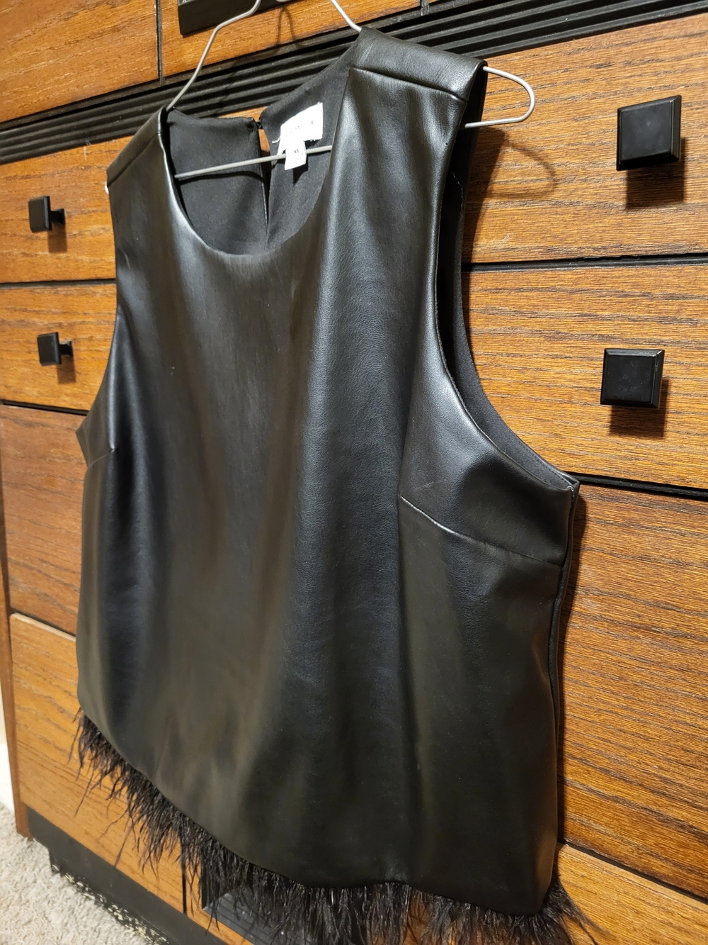Sleeveless ForCynthia Black Faux Leather Top with Feather Hem Party Concert Top - Picture 3 of 7
